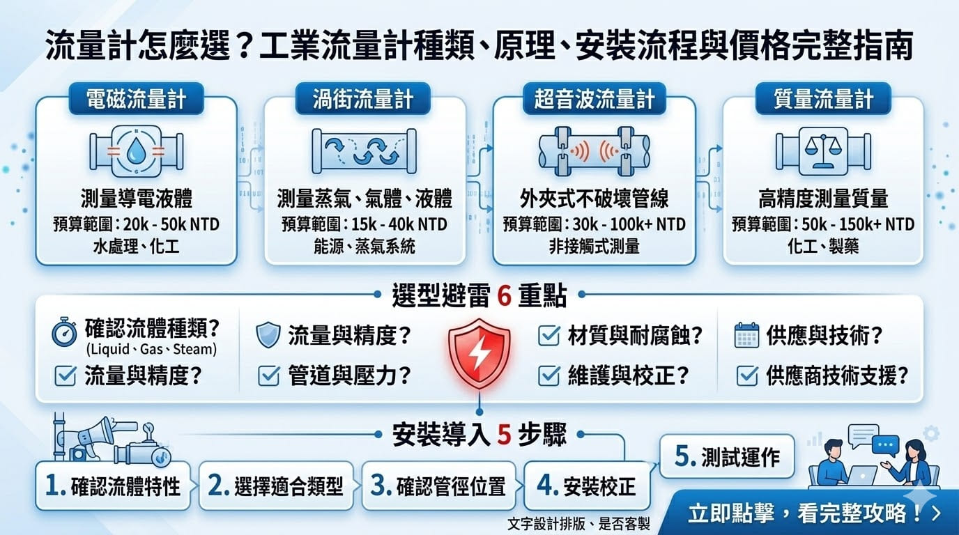想在工業製程中實現精確監控嗎？這份指南為您深度解析流量計的核心應用。我們詳細介紹了電磁、渦街、超音波及質量流量計的技術原理與優缺點，並整理出 5 大安裝導入步驟與 6 個關鍵選型避雷重點。無論您的需求是測量水、氣體還是高溫蒸氣，這篇專業分析都能幫助您掌握管徑尺寸、壓力條件及精度需求等影響成本的因素，確保設備運行效率並優化製程控制。立即閱讀完整攻略，為您的企業選擇最穩定可靠的流量監測方案。